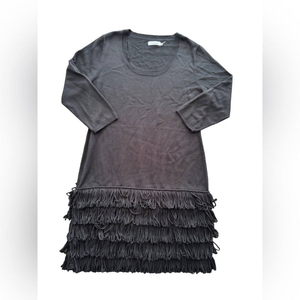 Calvin Klein L Charcoal Gray Fringe Hem Scoop Neck 3/4 Sleeve Sweater Dr…